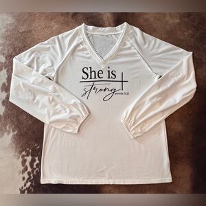 She Is Strong V-Neck Long Sleeve Tee - White